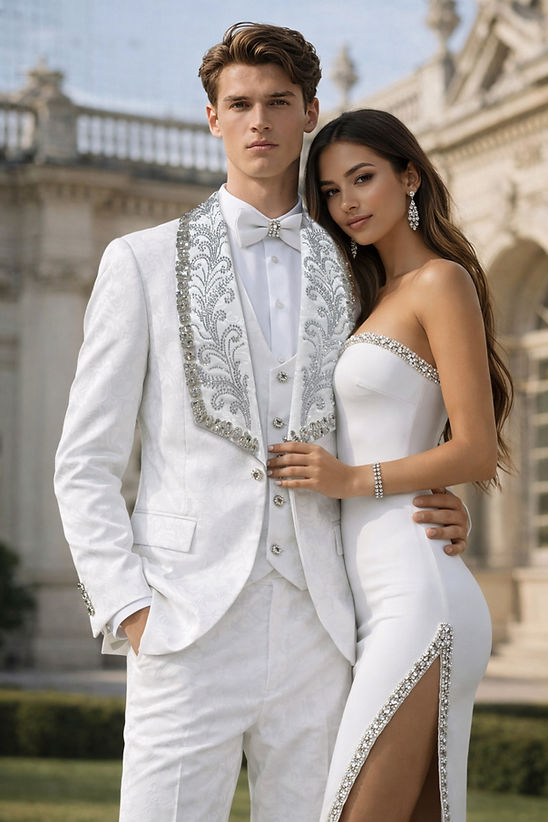 A man wears the MANZINI ASPEN 3-Piece Slim-Fit Men's Fancy Rhinestone Woven Pattern Tuxedo in White/Black by Manzini, standing outdoors beside a woman in a strapless white dress, both posing before a classical building.
