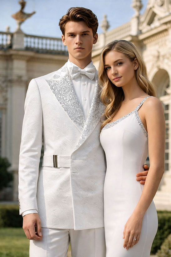 A man wearing the MANZINI MZS-607 Double Breast Slim-Fit Coat with a shiny rhinestone floral pattern stands outdoors with a woman in a white dress, in front of an ornate building.