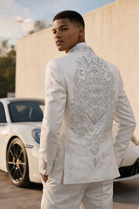 A man in a Manzini MANZINI PREMIUM Men's 2PC Double Breast Slim-Fit Shiny Rhinestone Floral Pattern Suit in white stands on a balcony overlooking the ocean, his elegant suit featuring jeweled details and a floral texture.
