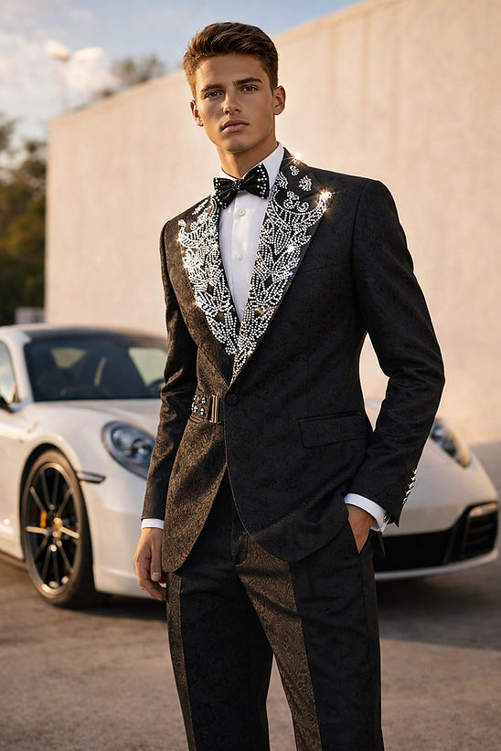 A man wears the MANZINI PREMIUM Men's 2PC Double Breast Slim-Fit Shiny Rhinestone Floral Pattern Suit in black by Manzini, standing outdoors in front of a white sports car.