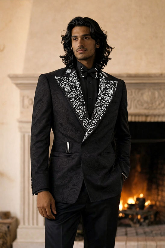 A man with long dark hair, wearing the Manzini MANZINI MZS-607 Men's Double Breast Slim-Fit Coat in black with shiny rhinestone floral pattern, stands indoors in front of a lit fireplace.