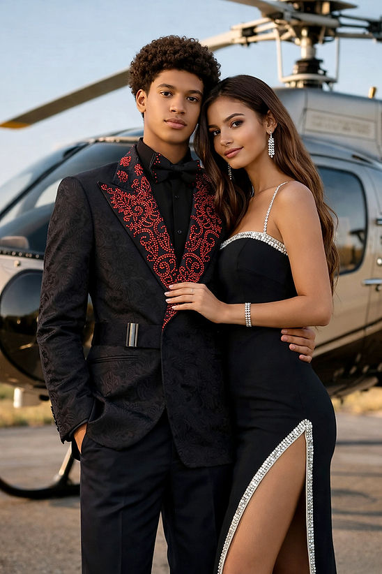 A young man in a Manzini MZS-606 double-breasted slim-fit coat with shiny rhinestone floral pattern and a young woman in a black evening gown pose together in front of a helicopter.