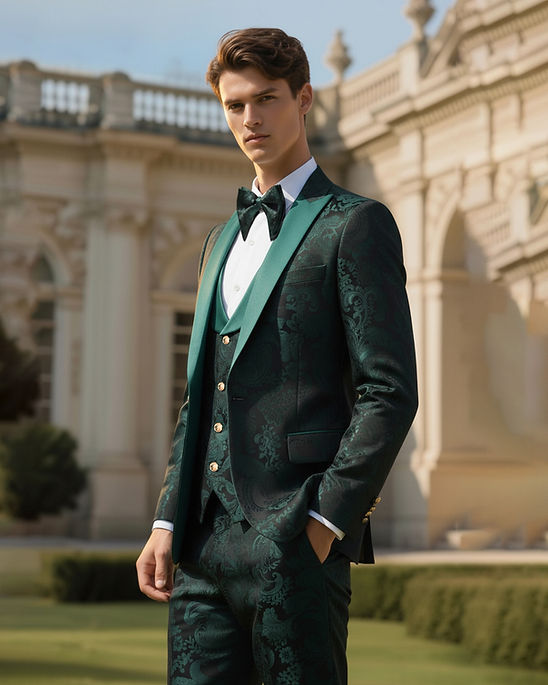 A man wearing a Manzini Armani 3-Piece Slim-Fit Men's Satin Paisley Pattern Tuxedo in hunter green stands outdoors before an ornate classical building.