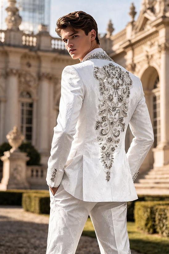 A man wears the MANZINI ASPEN 3-Piece Slim-Fit Men's Fancy Rhinestone Woven Pattern Tuxedo in White/Black by Manzini, standing outdoors beside a woman in a strapless white dress, both posing before a classical building.