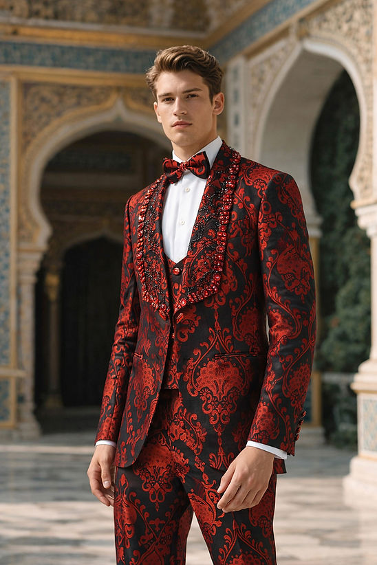 A man wears the MANZINI ASPEN 3-Piece Slim-Fit Men's Fancy Rhinestone Woven Pattern Tuxedo in Black/Red by Manzini, posing outdoors before ornate arches.