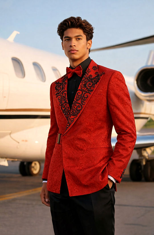 A man in a Manzini MANZINI MZS-606 Double Breast Slim-Fit Coat with shiny rhinestone red and black floral pattern stands in front of a private jet on an airport tarmac.
