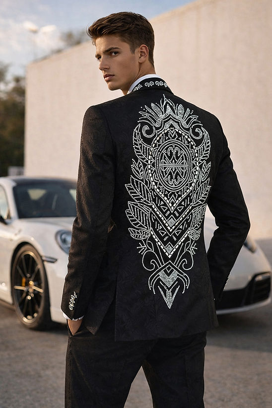 A man wears the MANZINI PREMIUM Men's 2PC Double Breast Slim-Fit Shiny Rhinestone Floral Pattern Suit in black by Manzini, standing outdoors in front of a white sports car.