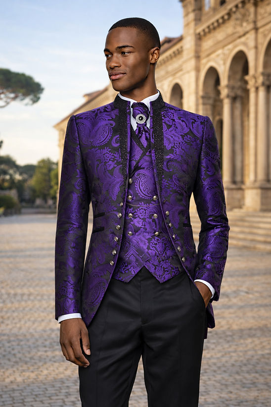 A man wears the Manzini Lanzini 3-Piece Slim-Fit Baroque Gothic Tuxedo with rhinestones in purple by Manzini, posing outside a historic stone building.
