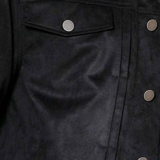 A man with short hair and a beard stands facing forward, wearing the Insomnia INSOMNIA ROMEO 2PC Black Vegan Suede Leisure Suit, set against a light-colored ornate wall.