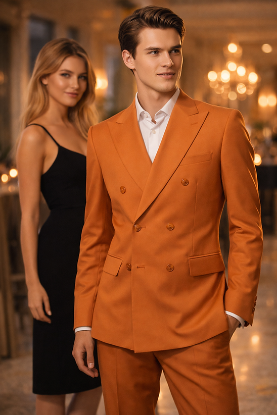 A man wears a Manzini Men's 2PC Spandex Double Breast Slim-Fit Suit in Pumpkin, standing in the foreground, while a woman in a black dress stands behind him in an elegantly lit room.