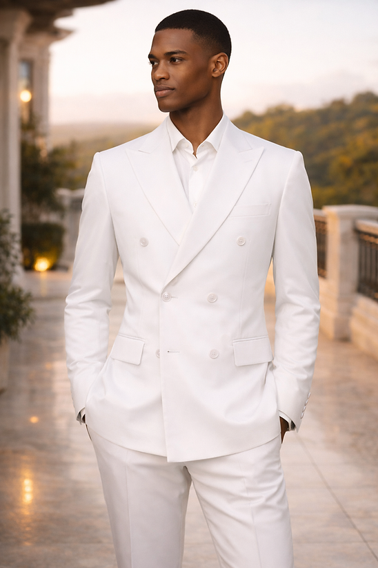 A man stands outdoors wearing the Manzini Impress Men's 2PC Spandex Double Breast Slim-Fit Suit in white, paired with a white shirt. Lush greenery and a balcony create an elegant backdrop for the scene.