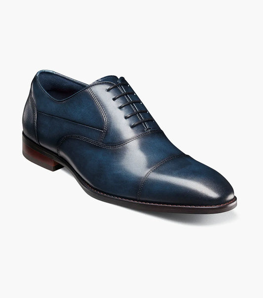 The STACY ADAMS Kallum Cap Toe Oxford (Navy, 25568-410) features a shoe insole with labeled features: molded heel cup, anatomical arch support, and cushioned heel pod—ideal for penny slip-on or suede loafer styles.