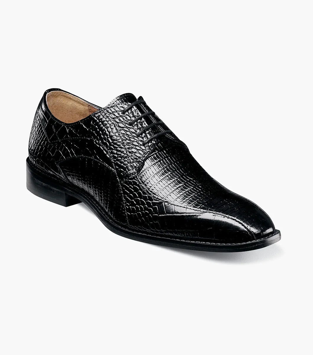 Stacy Adams Turano Bike Toe Oxford in black features a croco print leather upper with a crocodile pattern, lace-up closure, and low heel, shown against a plain white background.