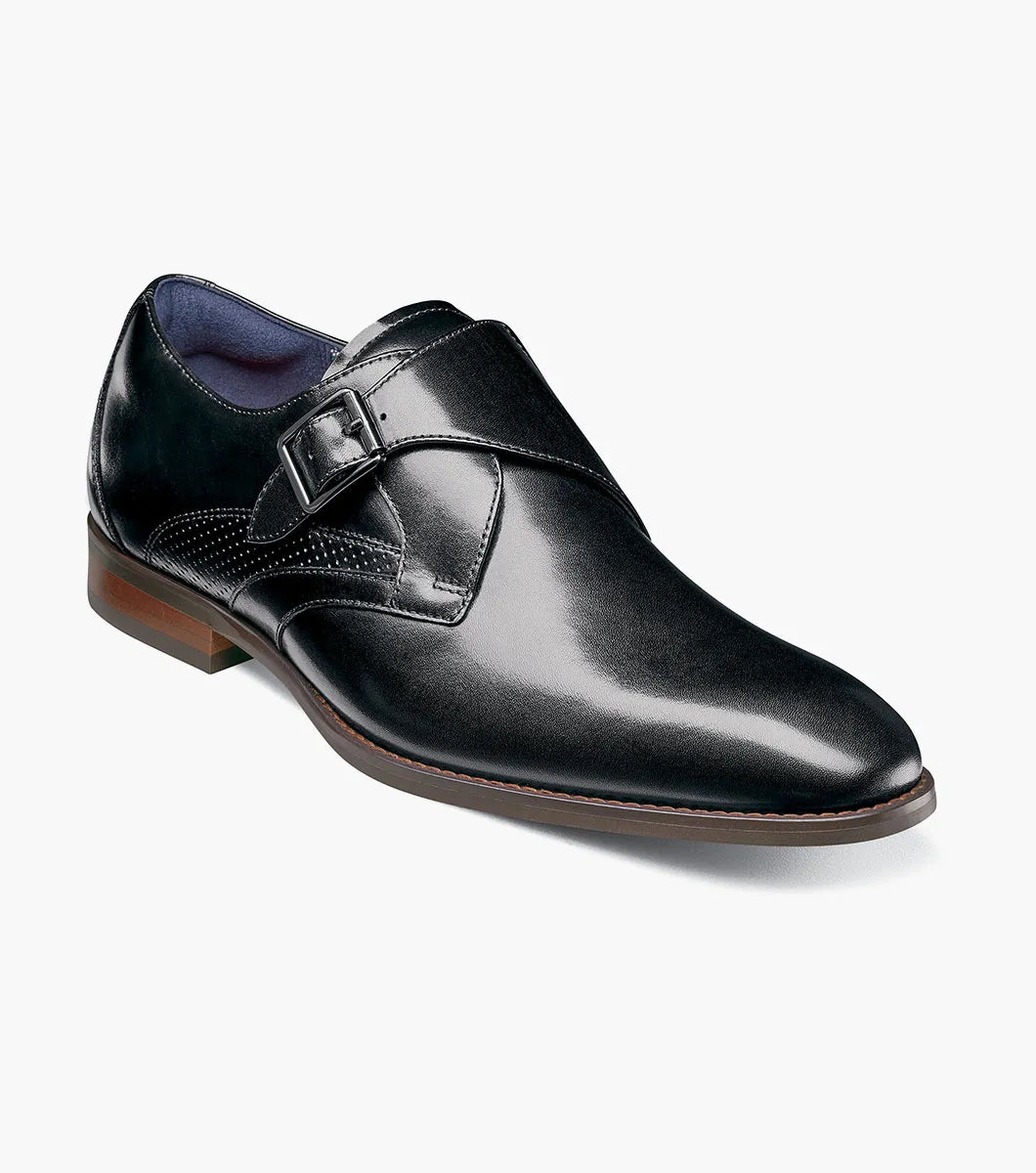 The Stacy Adams Karcher Plain Toe Monk Strap (Black, 25590-001) features a molded heel cup, anatomical arch support, and cushioned heel pod inspired by the RedZone footbed, shown on a white background.