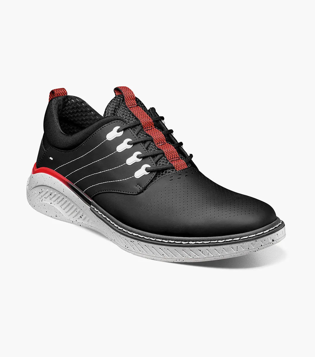 The Stacy Adams Barna Plain Toe Lace Up (25594-001) is a black athletic shoe with red accents, white details, black laces, a speckled white sole, and a comfortable RedZone removable footbed from STACY ADAMS.