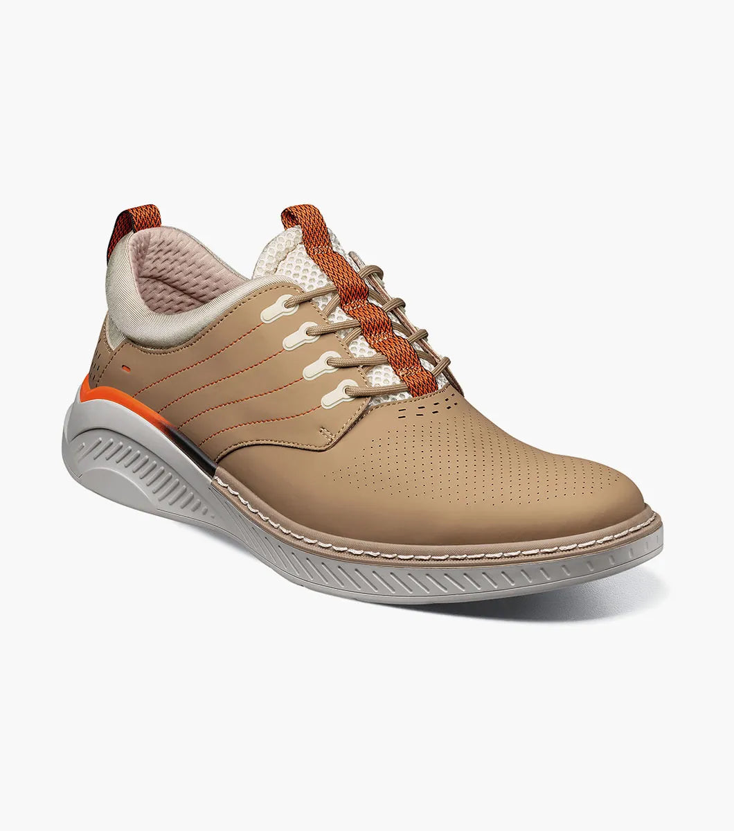 The Stacy Adams Barna Plain Toe Lace Up in khaki features a leather upper, orange accents, perforated toe, textured sole, patterned laces, and padded collar, shown on a white background.