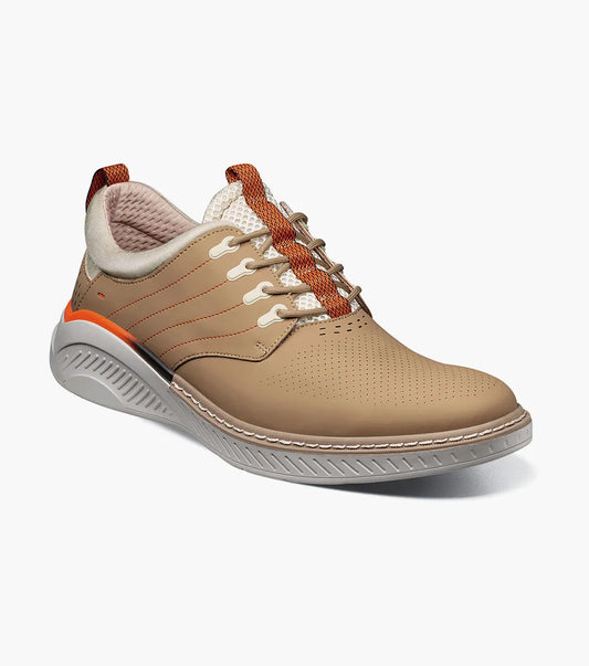 The Stacy Adams Barna Plain Toe Lace Up in khaki features a leather upper, orange accents, perforated toe, textured sole, patterned laces, and padded collar, shown on a white background.