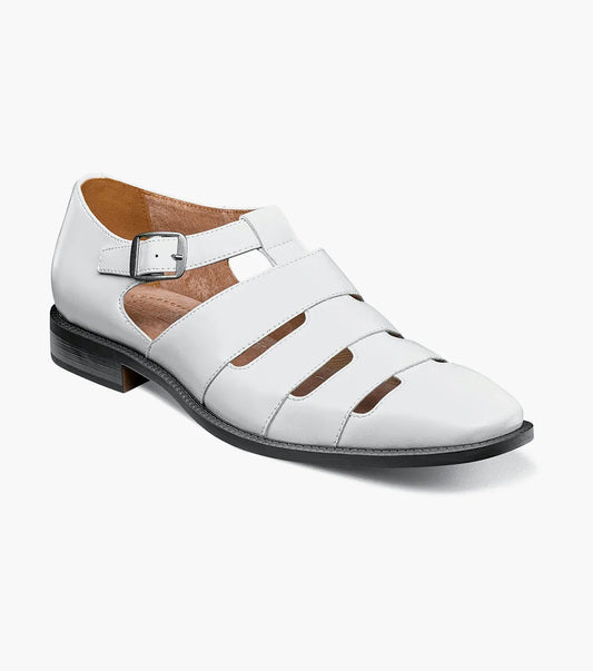 The Stacy Adams Calderon Closed Toe City Sandal in white features multiple cutouts, a side buckle strap, memory foam footbed, low black heel, and flat sole. Shown in profile against a plain background.