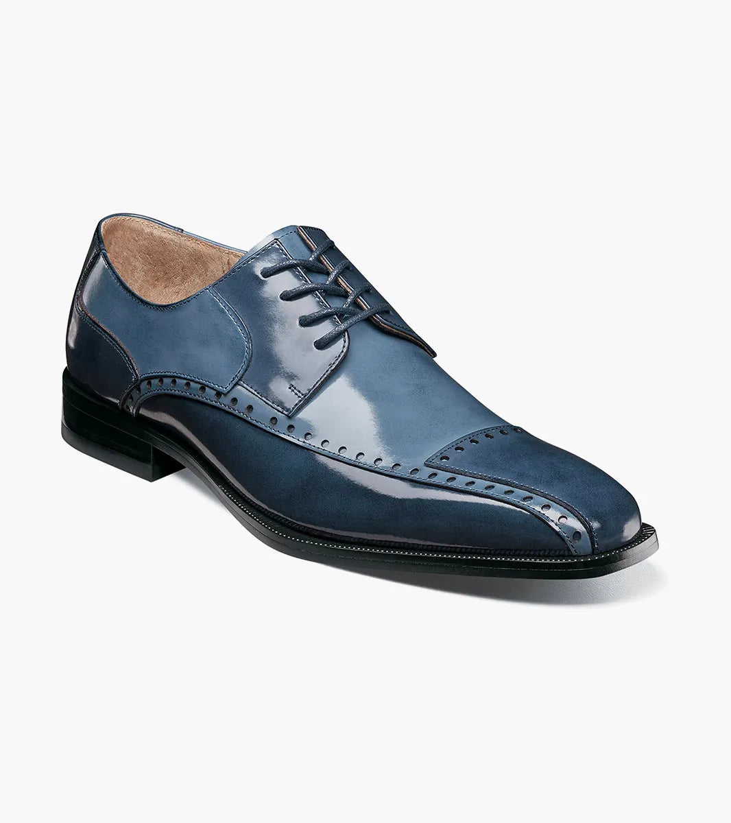 The Stacy Adams Plaza Modified Cap Toe Oxford in Blue Multi (25608-460) features decorative stitching, laces, a cushioned insole, and a low black heel, shown as a single shoe on a white background.