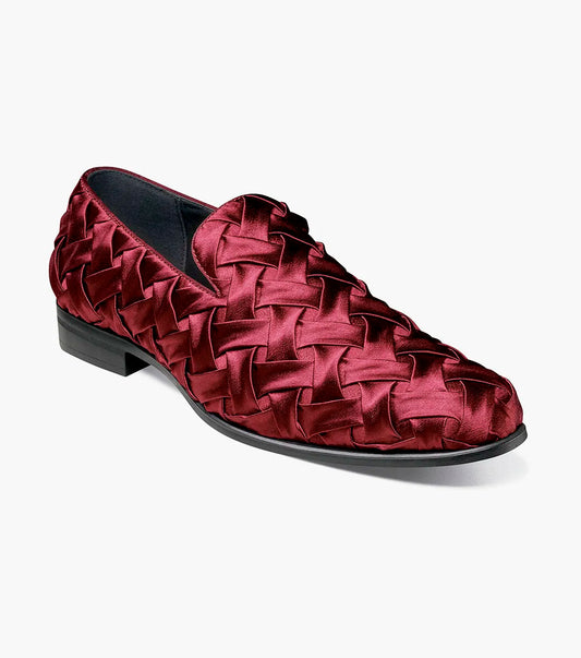 The Stacy Adams Savoir Plain Toe Satin Slip On in burgundy features a maroon finish, low black heel, and memory foam insole, shown on a white background.