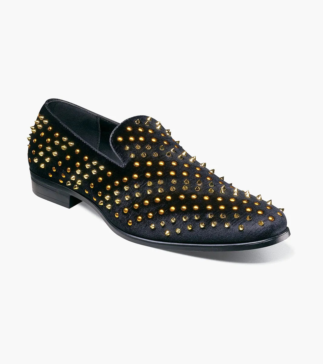The STACY ADAMS Sabert Spike and Stud Slip On (Black Multi, 25612-009) features gold spikes on the upper and heel plus a Memory Foam footbed for comfort.
