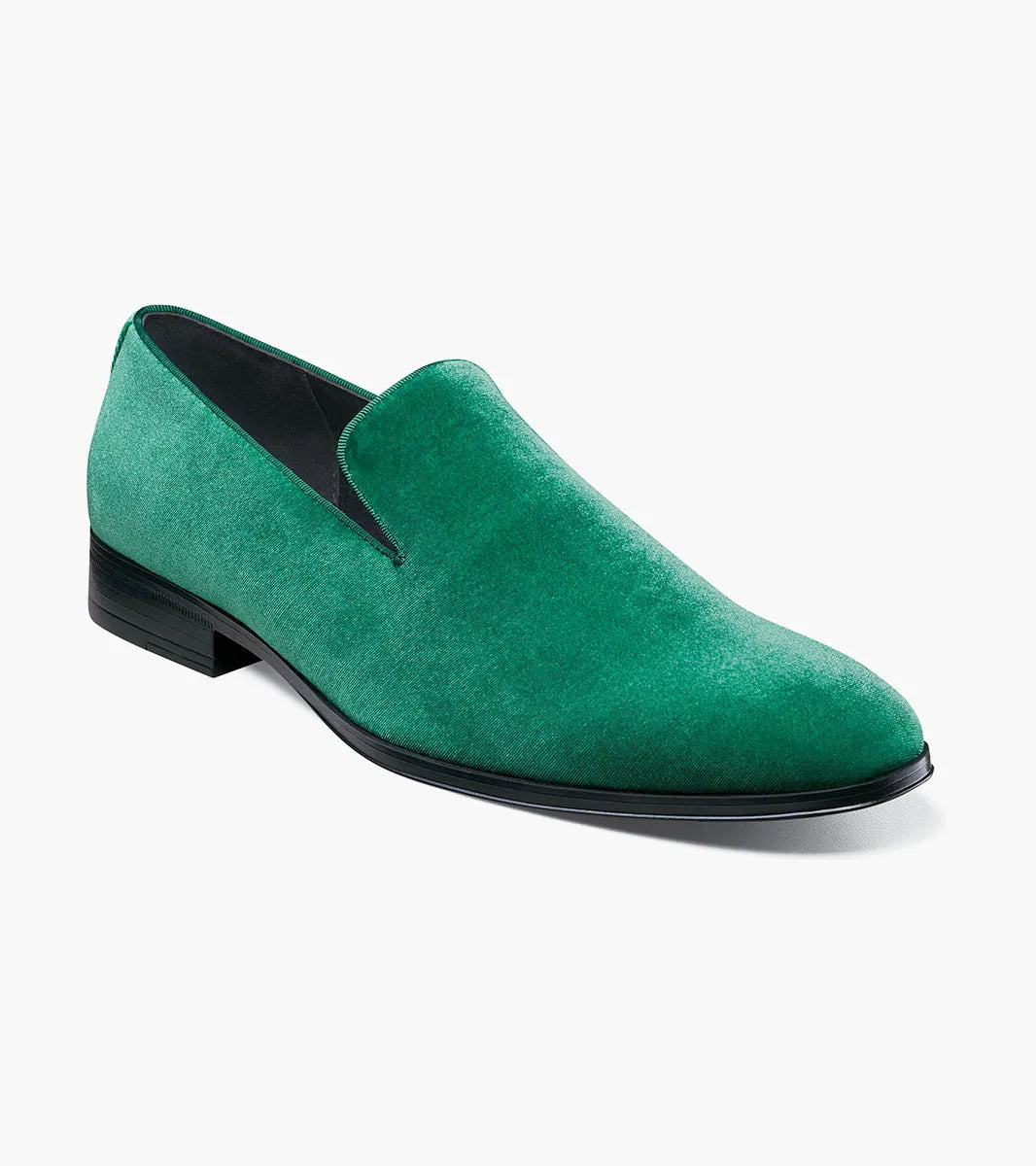 A single STACY ADAMS Savian Plain Toe Velour Slip On in emerald (style 25613-312), featuring a memory foam footbed and low black heel, is displayed on a white background.
