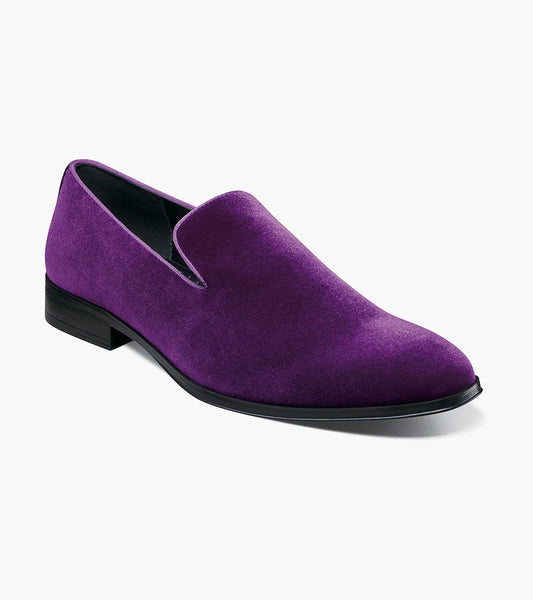A single STACY ADAMS Savian Plain Toe Velour Slip On (Purple, 25613-542) with a low black heel and Memory Foam footbed is angled against a plain white background.