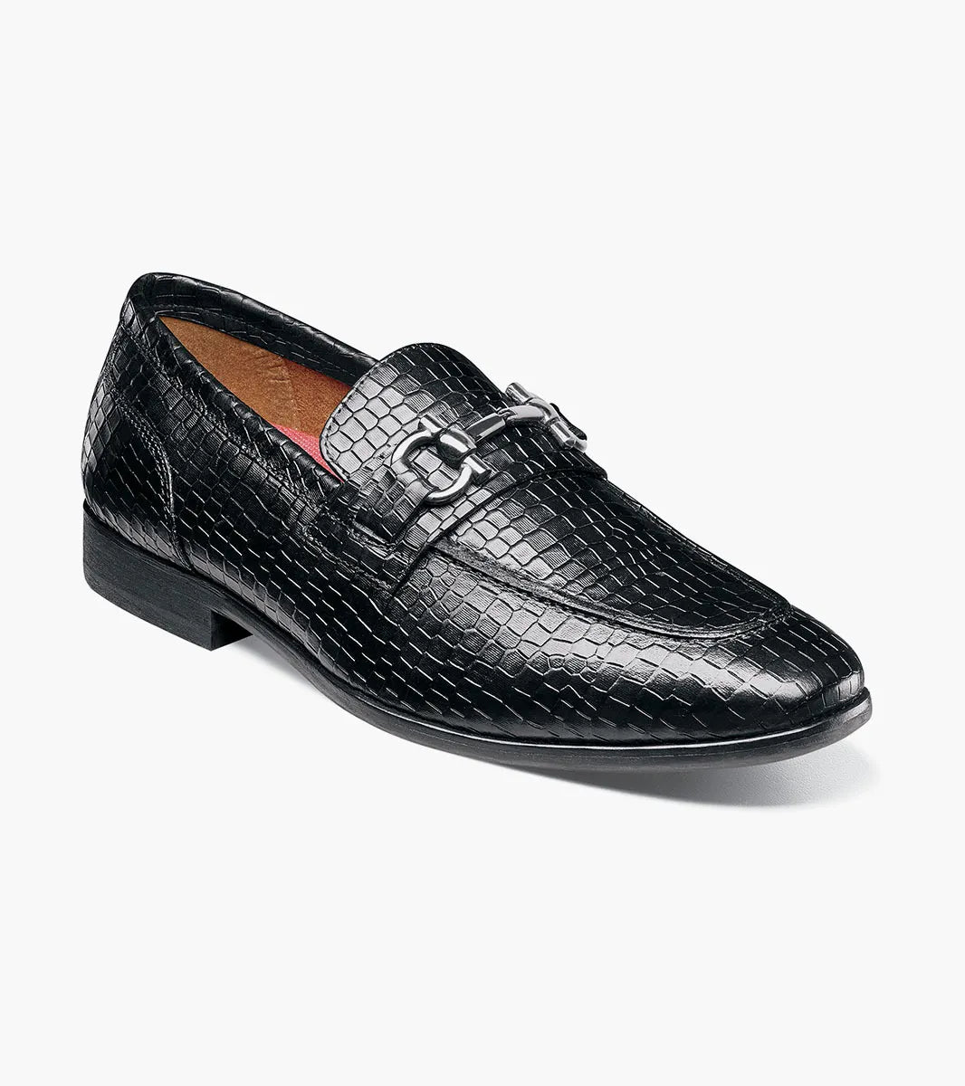 The STACY ADAMS Feronte Moc Toe Bit Slip On (25623-001) features black crocodile print leather with a snakeskin texture and a silver bit detail, shown on a white background.