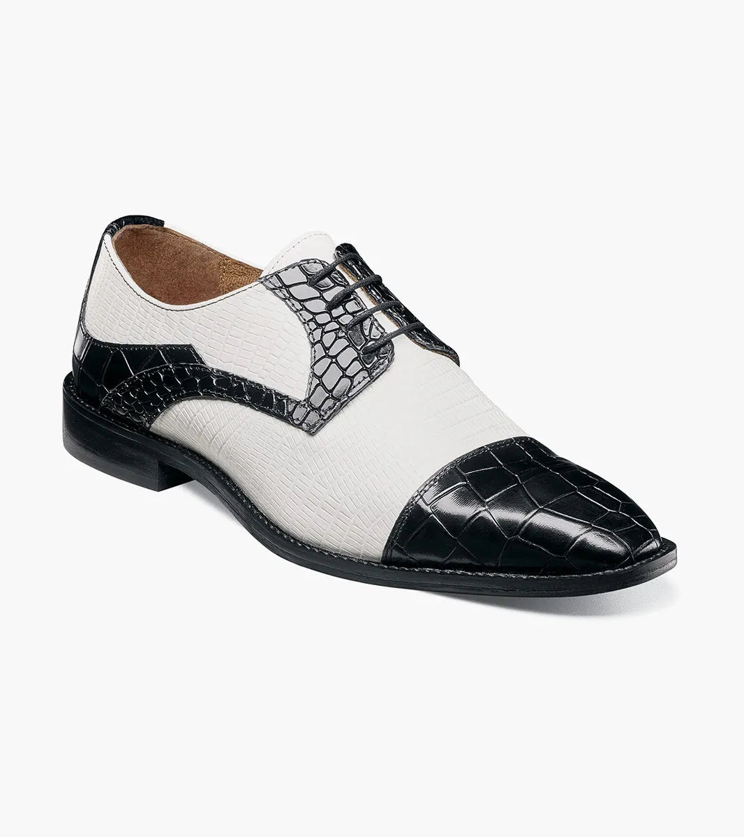 The Stacy Adams Tedesco Cap Toe Oxford (25630-111) is a black and white men's shoe with a crocodile print leather upper, lace-up closure, and black genuine leather sole.
