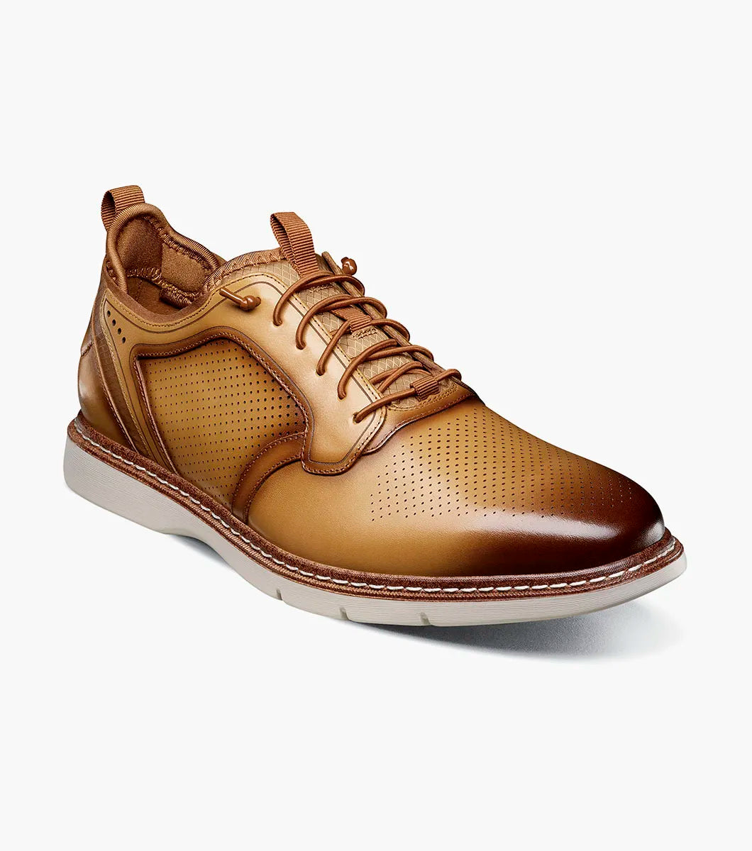 The Stacy Adams Sync Plain Toe Elastic Lace Up in Natural features a tan and brown leather upper with perforated details, brown elastic laces, and a white rubber sole; product code 25662-280 by STACY ADAMS.