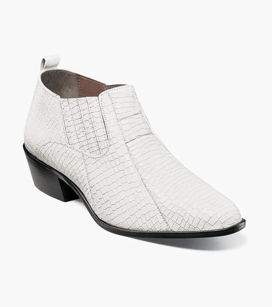 The Stacy Adams Sandoval Cuban Heeled Boot in white features textured crocodile-print leather, a low Cuban heel, pointed toe, cushioned footbed, and pull tab.