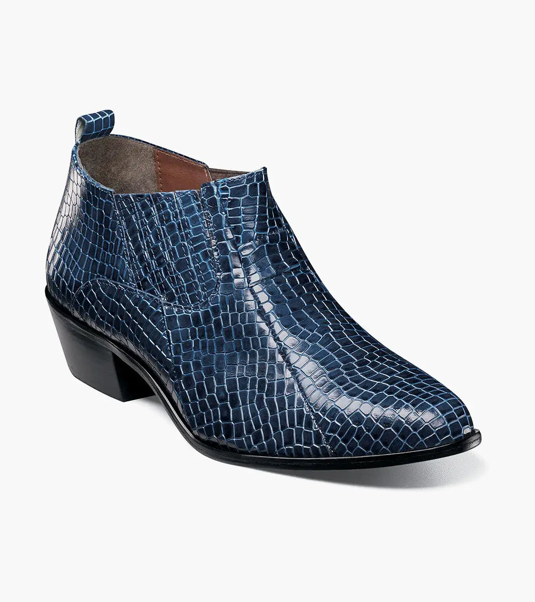 The STACY ADAMS Sandoval Cuban Heeled Boot (Navy, 25666-410) features crocodile print leather, a low Cuban heel, and pointed toe, displayed in profile on a white background.