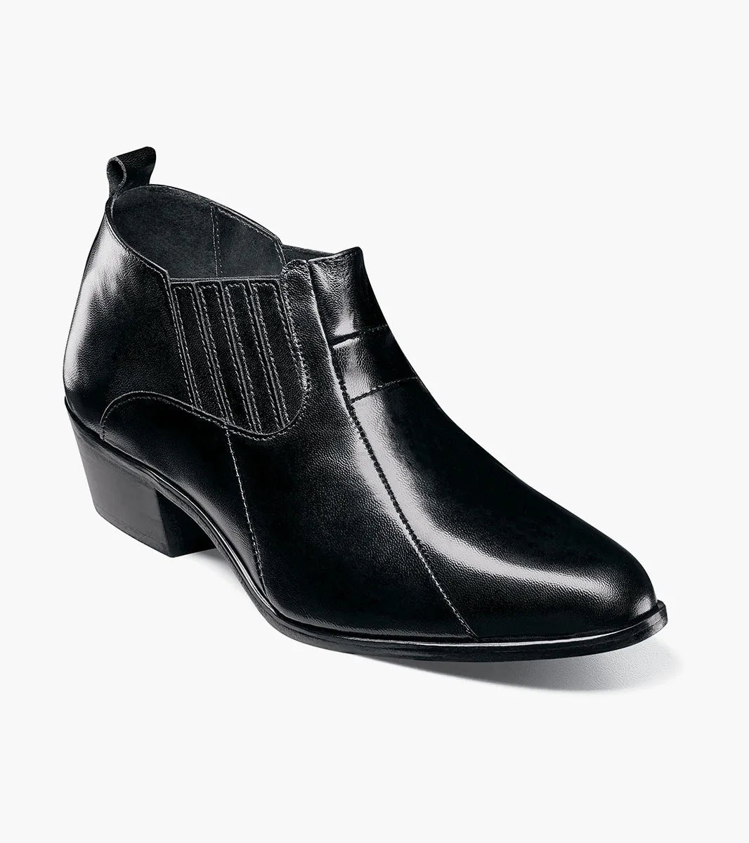 The Stacy Adams Sotaro Cuban Heeled Boot (25667-001) by STACY ADAMS is a black leather ankle boot with a patent upper, low block heel, elastic side panels, and a back pull tab, shown in profile on a white background.