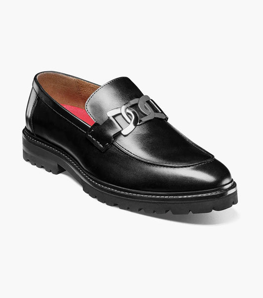 The Stacy Adams Hale Moc Toe Bit Slip On in black features crocodile print leather and a removable RedZone footbed, paired perfectly with an insole offering a molded heel cup, anatomical arch support, and cushioned heel pod.