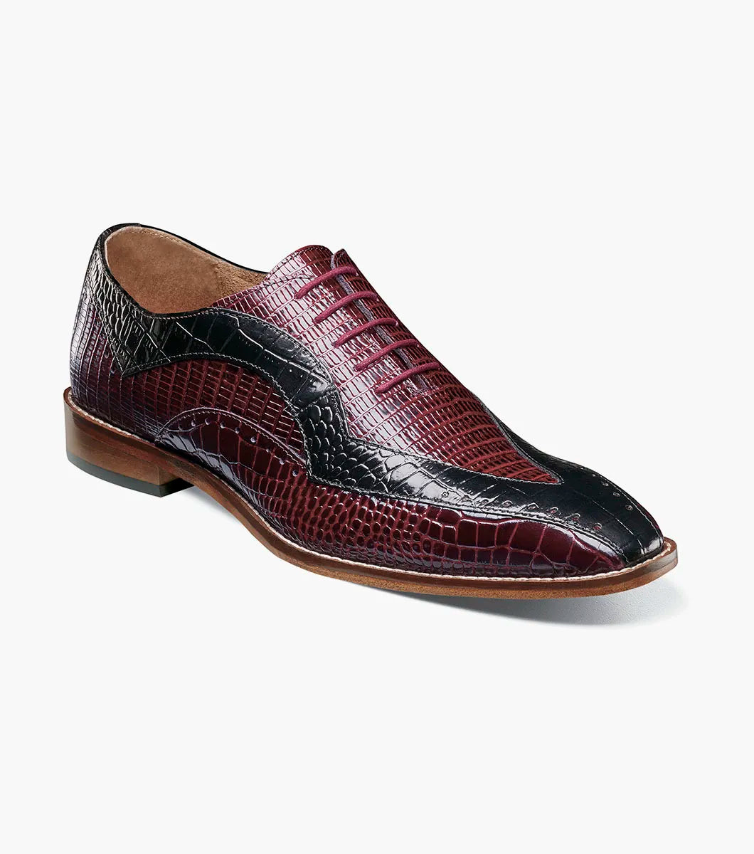STACY ADAMS Tallero V-Tip Oxford in Burgundy Multi features a molded heel cup, anatomical arch support, and cushioned heel pod for comfort—designed to complement crocodile print leather styles.