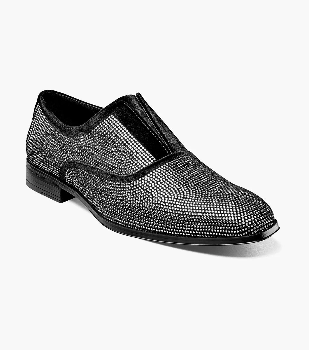 The STACY ADAMS Starleigh Rhinestone Plain Toe Slip On in black and silver (25685-042) features a velour textile upper, textured metallic silver mesh pattern, and low black heel, shown on a plain white background.
