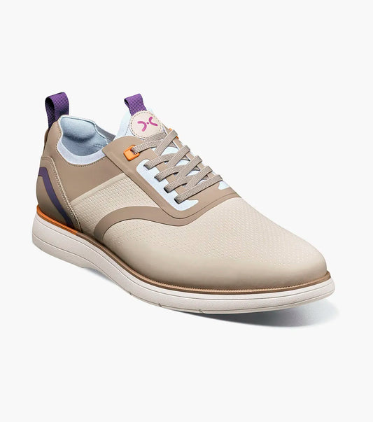 The STACY ADAMS Everidge Plain Toe Elastic Lace Up (Cream Multi, 25689-130) features a shoe insole with labeled parts: molded heel cup, anatomical arch support, cushioned heel pod, and FLEXZONE branding on its FlexZone Footbed.