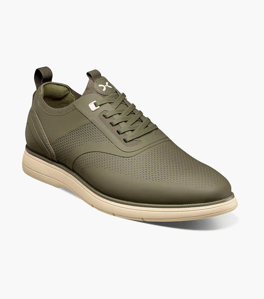 The STACY ADAMS Everidge Plain Toe Elastic Lace Up (Olive, 25689-303) features a molded heel cup, anatomical arch support, cushioned heel pod, and FlexZone Footbed branding.