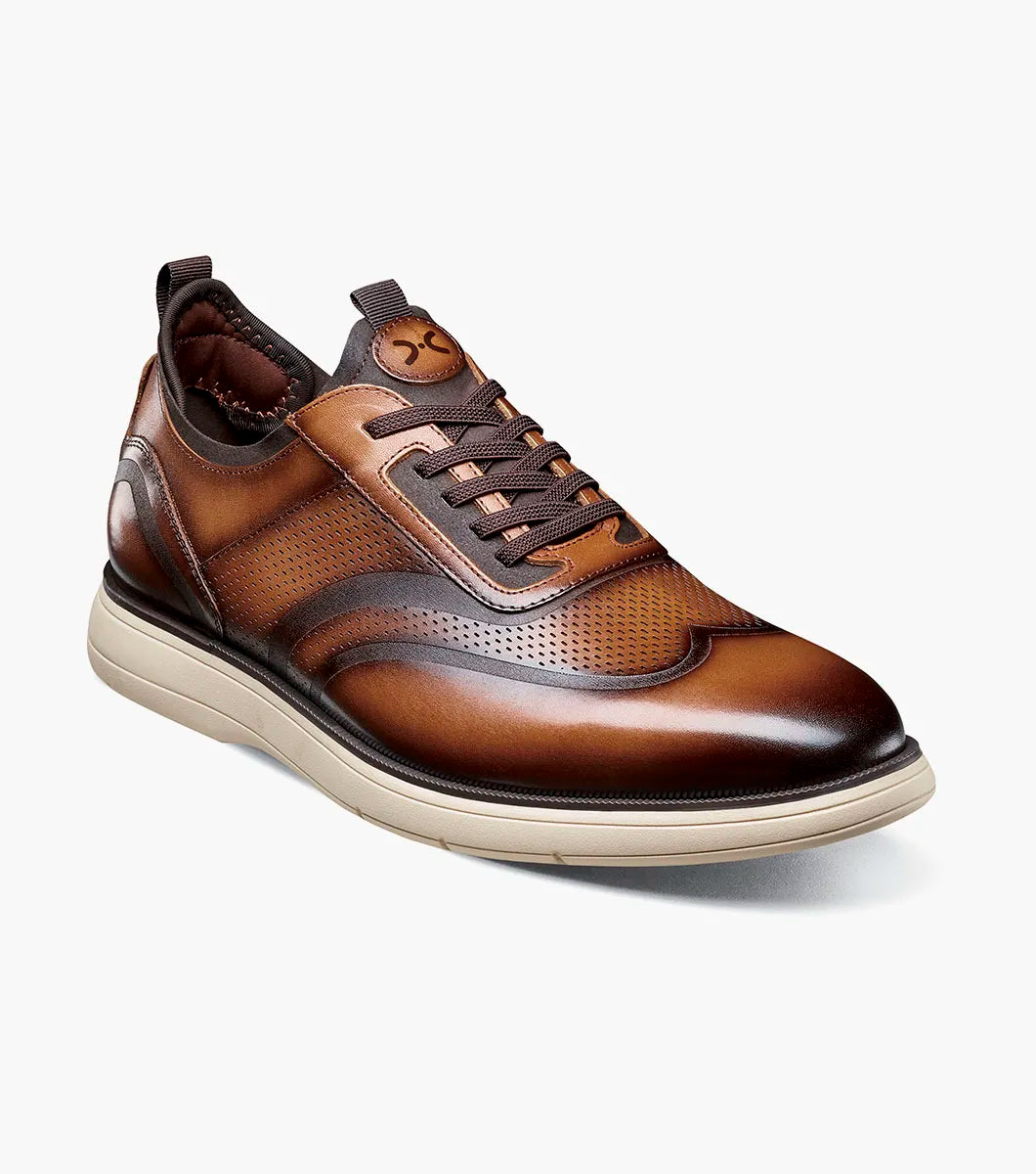 The STACY ADAMS Edgewood Wingtip Elastic Lace Up (Cognac) features a shoe insole with molded heel cup, anatomical arch support, cushioned heel pod, and a FLEX ZONE for enhanced comfort and stability.