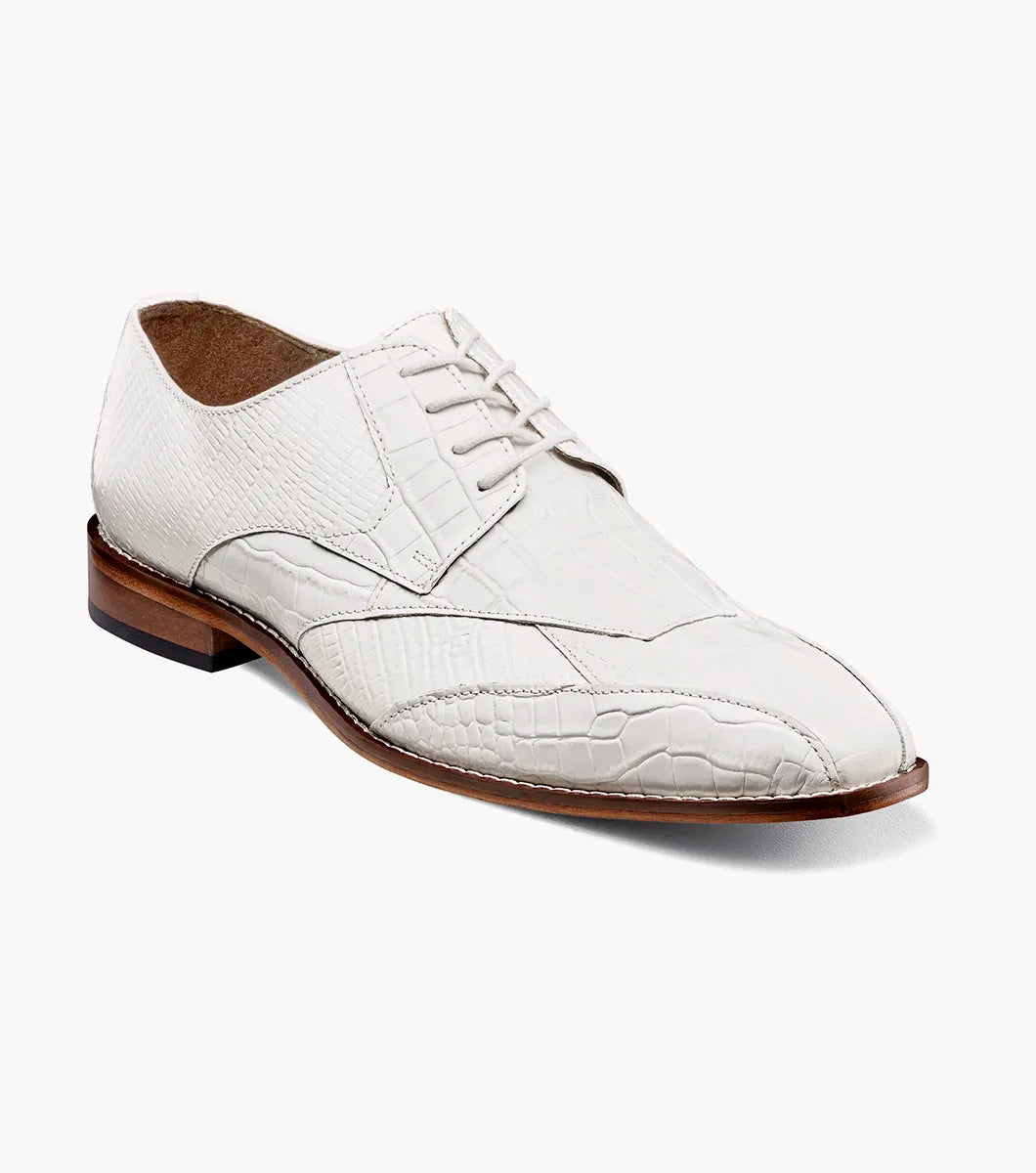 The Stacy Adams Tristano Modified Bike Toe Oxford in white features crocodile print leather, a genuine leather outsole, brown sole, and lace-up closure, displayed on a white background.