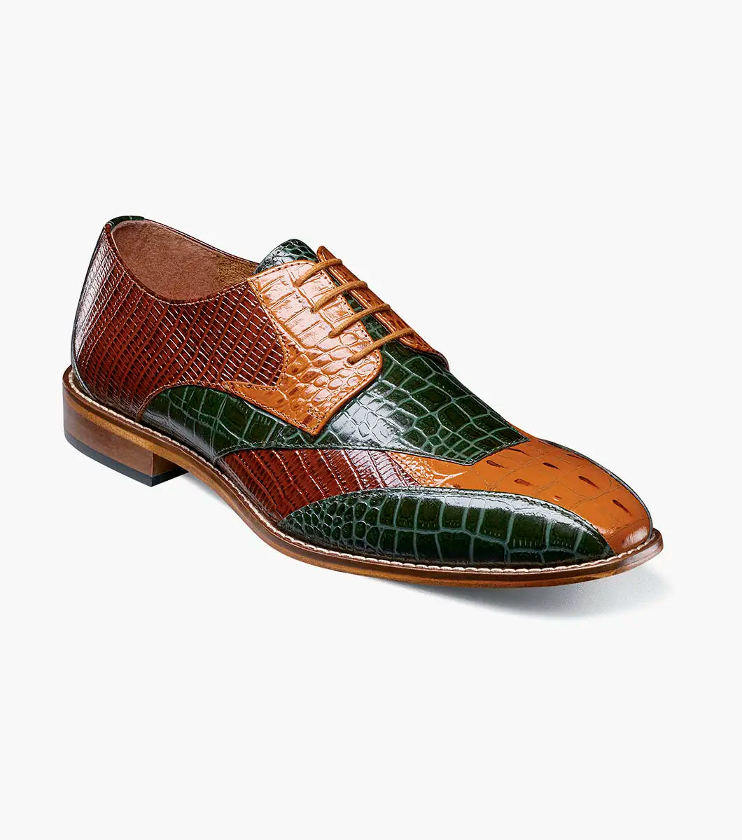 The STACY ADAMS Tristano Modified Bike Toe Oxford (Green Multi, 25694-340) is a men's lace-up shoe made from brown and green crocodile print leather with a low heel and anatomical arch support for comfort.