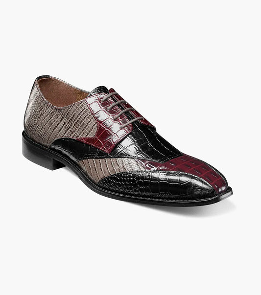 The STACY ADAMS Tristano Modified Bike Toe Oxford in Burgundy Multi (25694-641) features glossy crocodile print leather, laces, and a low heel—a sophisticated men's dress shoe ideal for formal events.