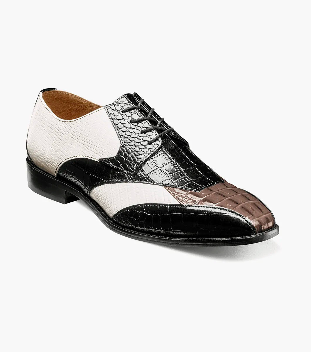 The STACY ADAMS Tristano Modified Bike Toe Oxford in Black/Grey (style 25694-910) is a men's lace-up dress shoe featuring bold crocodile and lizard print leather panels for a striking textured look.