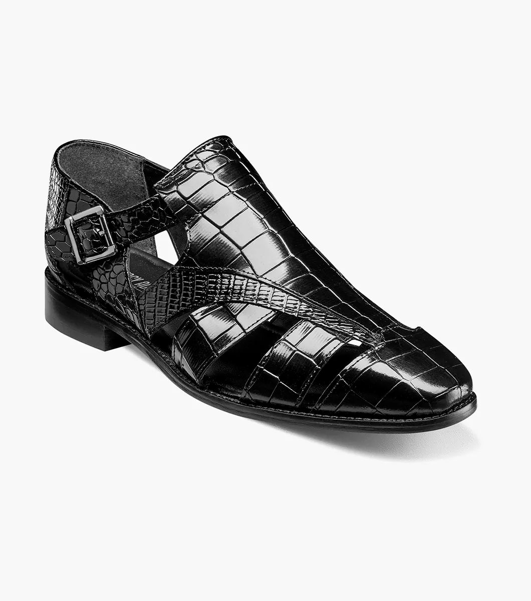 The STACY ADAMS Calandro City Sandal (25695-001) in black features sustainable microfiber with a crocodile texture, side cutouts, closed toe, low heel, and a metal buckle strap.