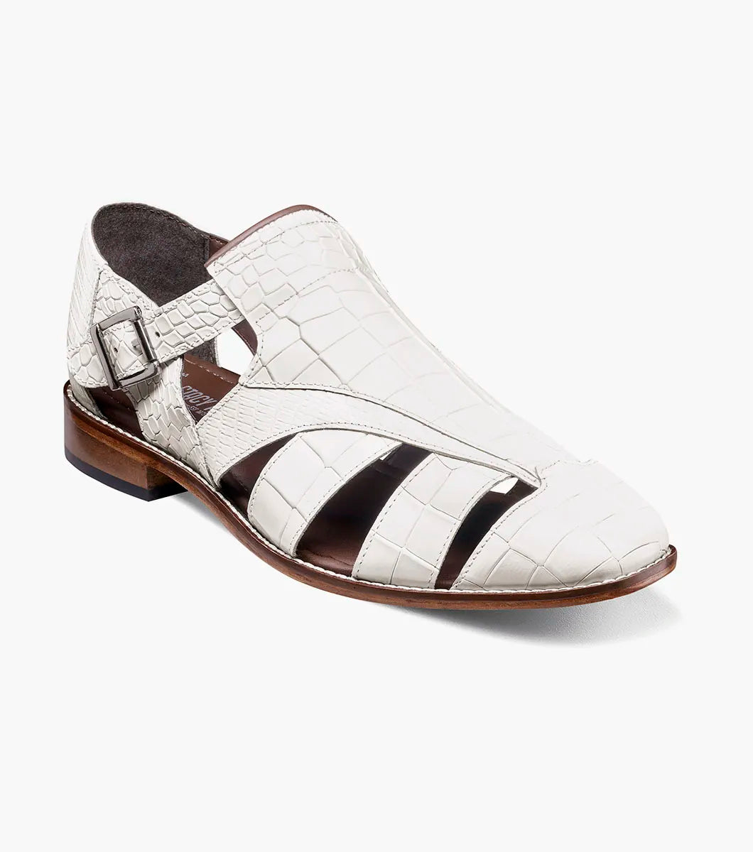 The STACY ADAMS Calandro City Sandal (White, 25695-100) features genuine leather, a textured pattern, side buckle, cushioned footbed, cut-out sections, and a low brown heel—shown in a side view.