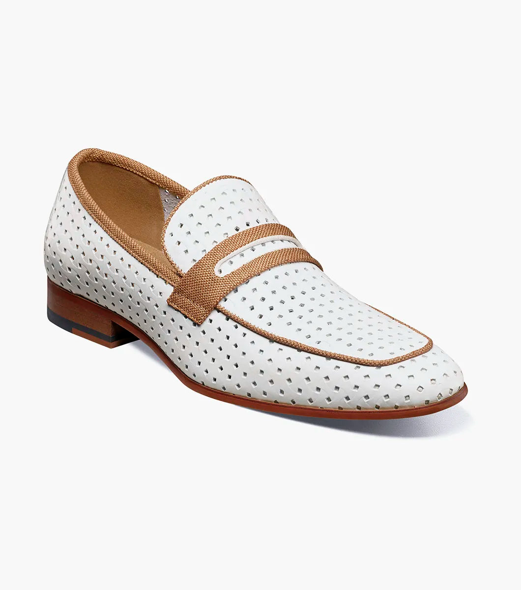 The Stacy Adams Winstead Moc Toe Saddle Slip On features a white leather upper with perforated details, light brown trim, and a low wooden heel. Shown is the STACY ADAMS style 25704-100 against a plain white background.