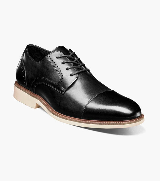 The Stacy Adams Wesbridge Cap Toe Oxford in black features burnished leather, black laces, a light tan sole, and RedZone footbed; shown left side profile against a white background.