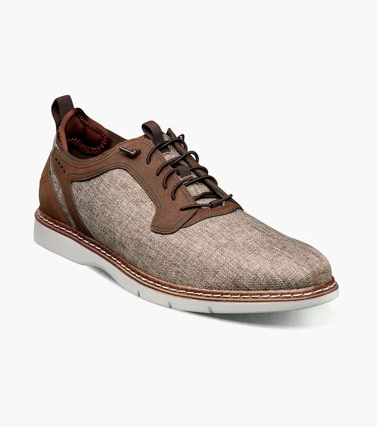 The STACY ADAMS Scanlan Plain Toe Elastic Lace Up in Brown Multi (25716-249) features a textured fabric upper, leather accents, Memory Foam footbed, and white rubber sole, shown in profile against a plain white background.