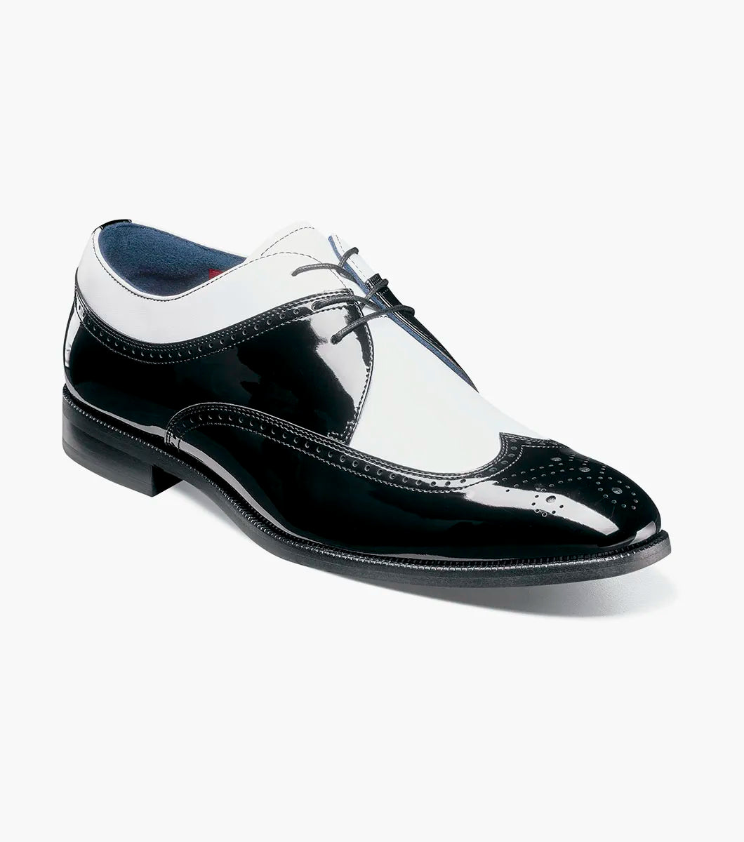 The Stacy Adams Dayton II Wingtip Oxford (Black w/ White, 25720-111) features a glossy finish, classic wingtip design, low heel, and cushioned footbed for comfort—a stylish men’s dress shoe from STACY ADAMS.