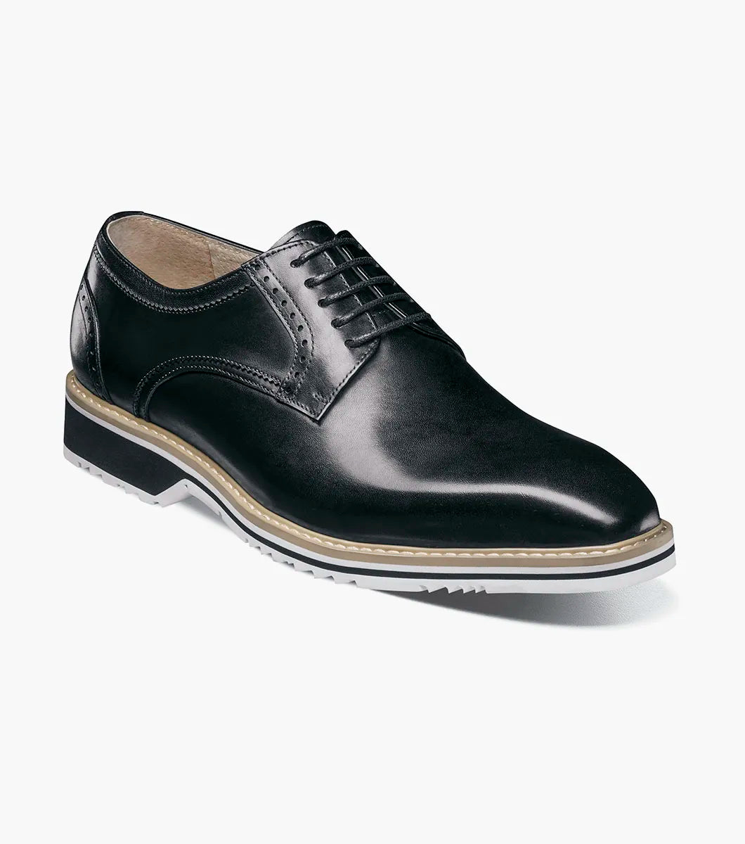 The Stacy Adams Barringer Plain Toe Oxford (Black, 25722-001) features lace-up leather with subtle crocodile print, tan trim, and a white and black rubber sole, shown in a side view on a plain white background.
